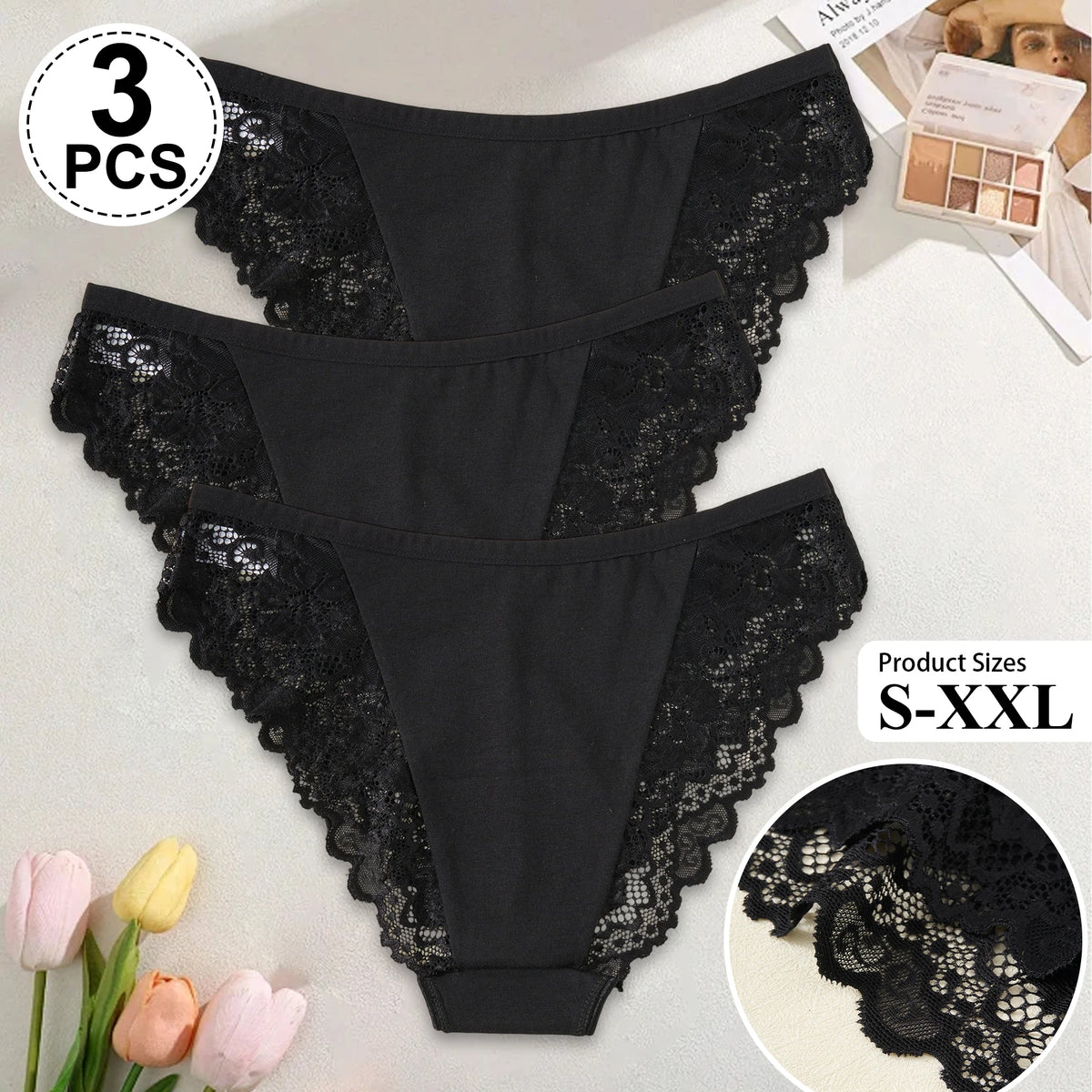 3PCS/Set Sexy Hollow Lace Black Underwear Breathable Female Intimate Lingerie Solid Color Embroider Floral Panties трусы женские