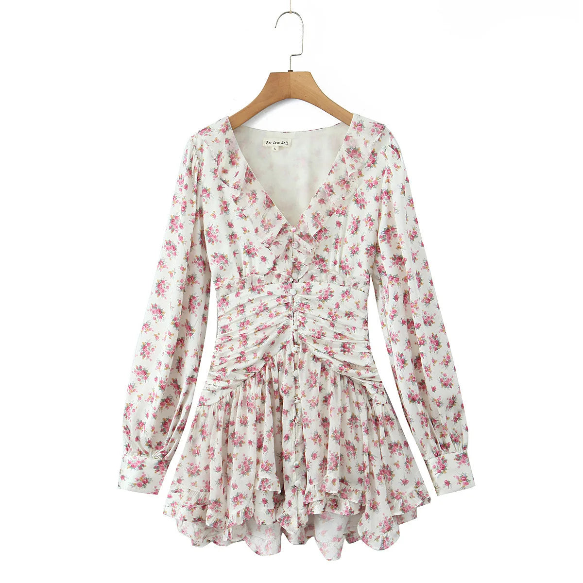 Boho Chic Floral Print Ruffle Mini Dress Women's Long Puff Sleeve V Neck Slim Fit A-line Party Dresses New Female Club Vestidos