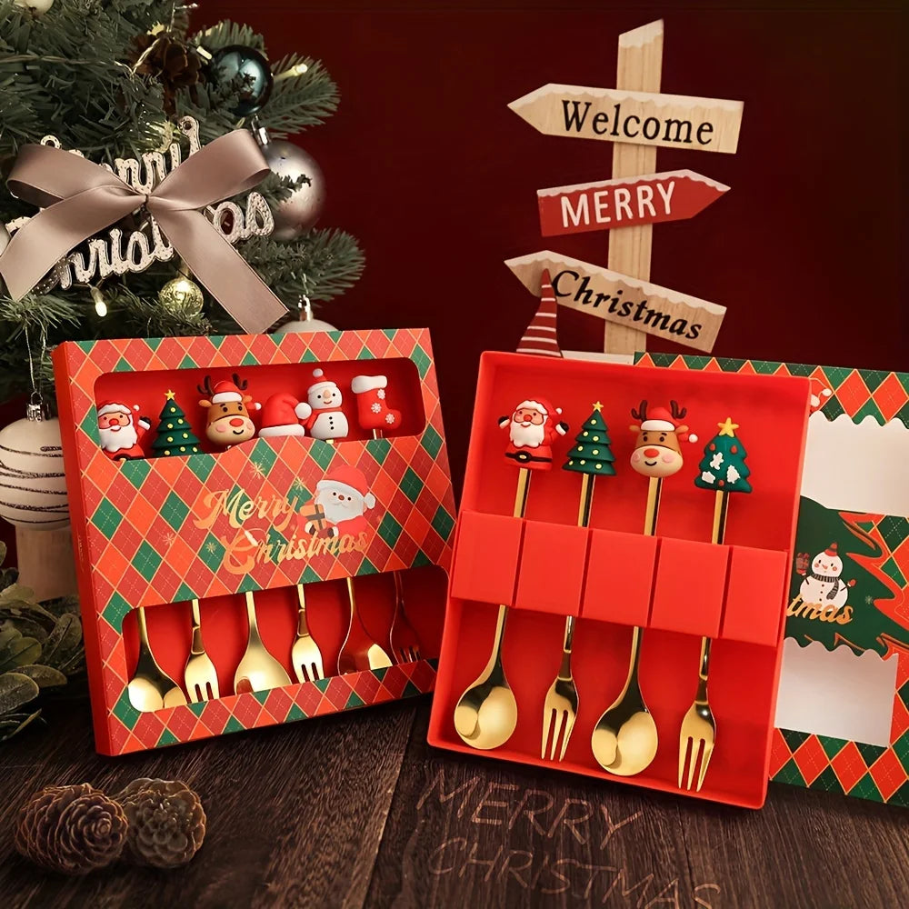 1Set Creative Christmas Fork And Spoon Set Stainless Steel Tableware Coffee Tea Dessert Forks And Spoons Gift Set