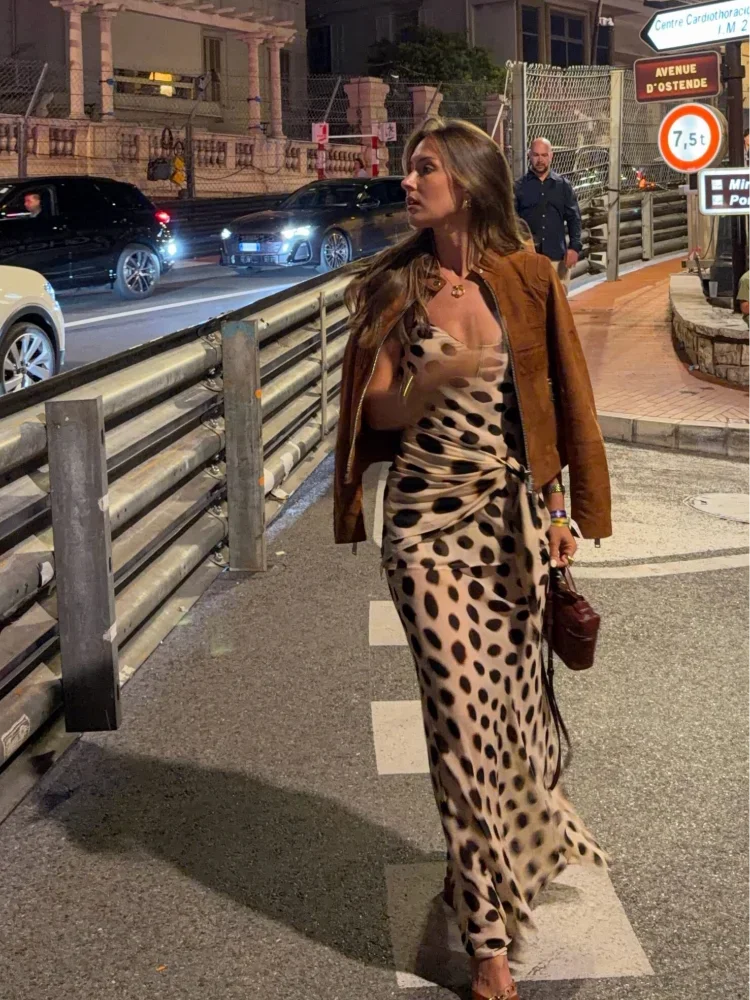 Summer Vacation Sexy Polka Dot Print Sling Maxi Dress Women Elegant Lace-up V-neck Sleeveless Backless Dresses Beach Party Gowns