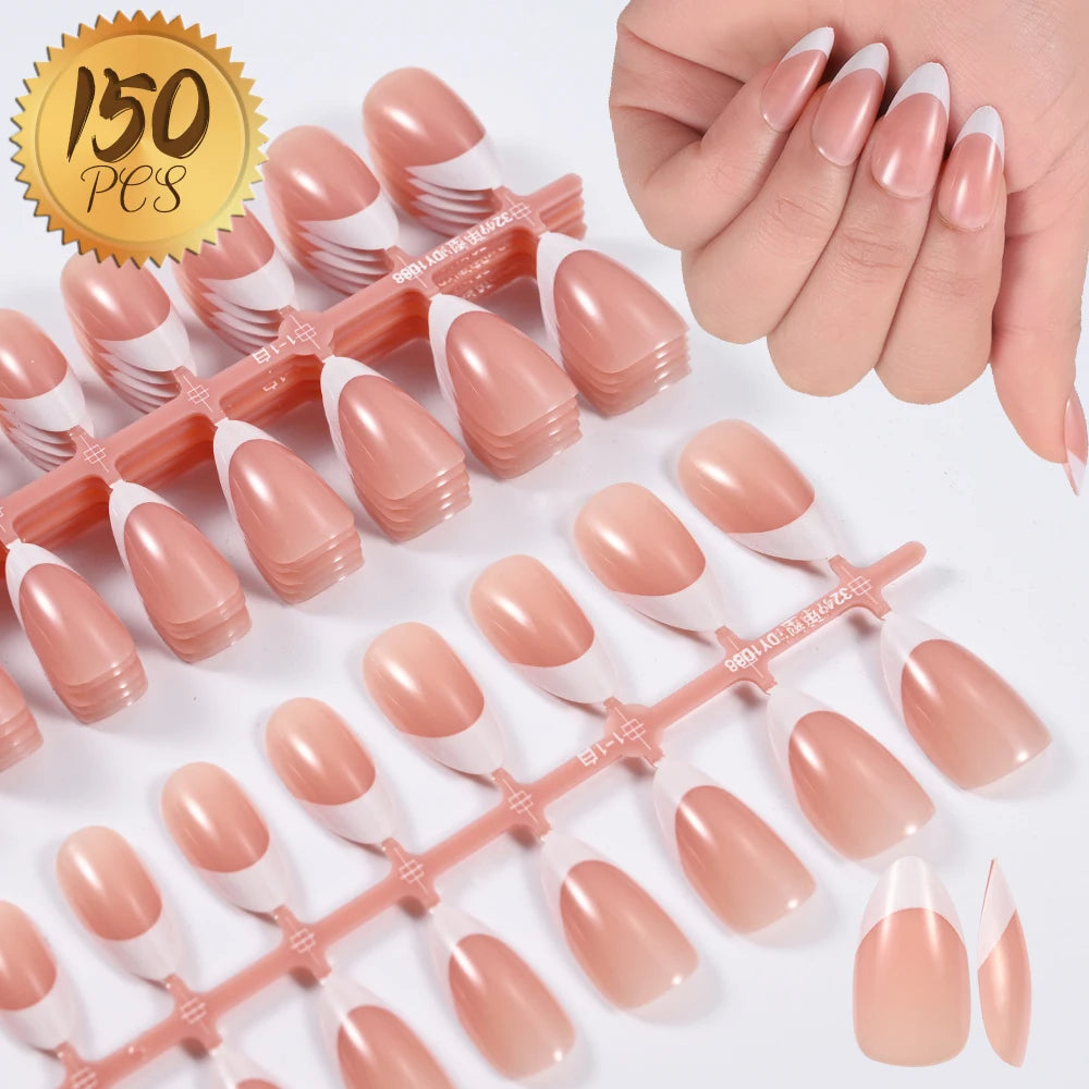150/120/100Pcs French Almond Press On Nails أظافر لاصقة فرنسية لوزية – 100 / 120 / 150 قطعة