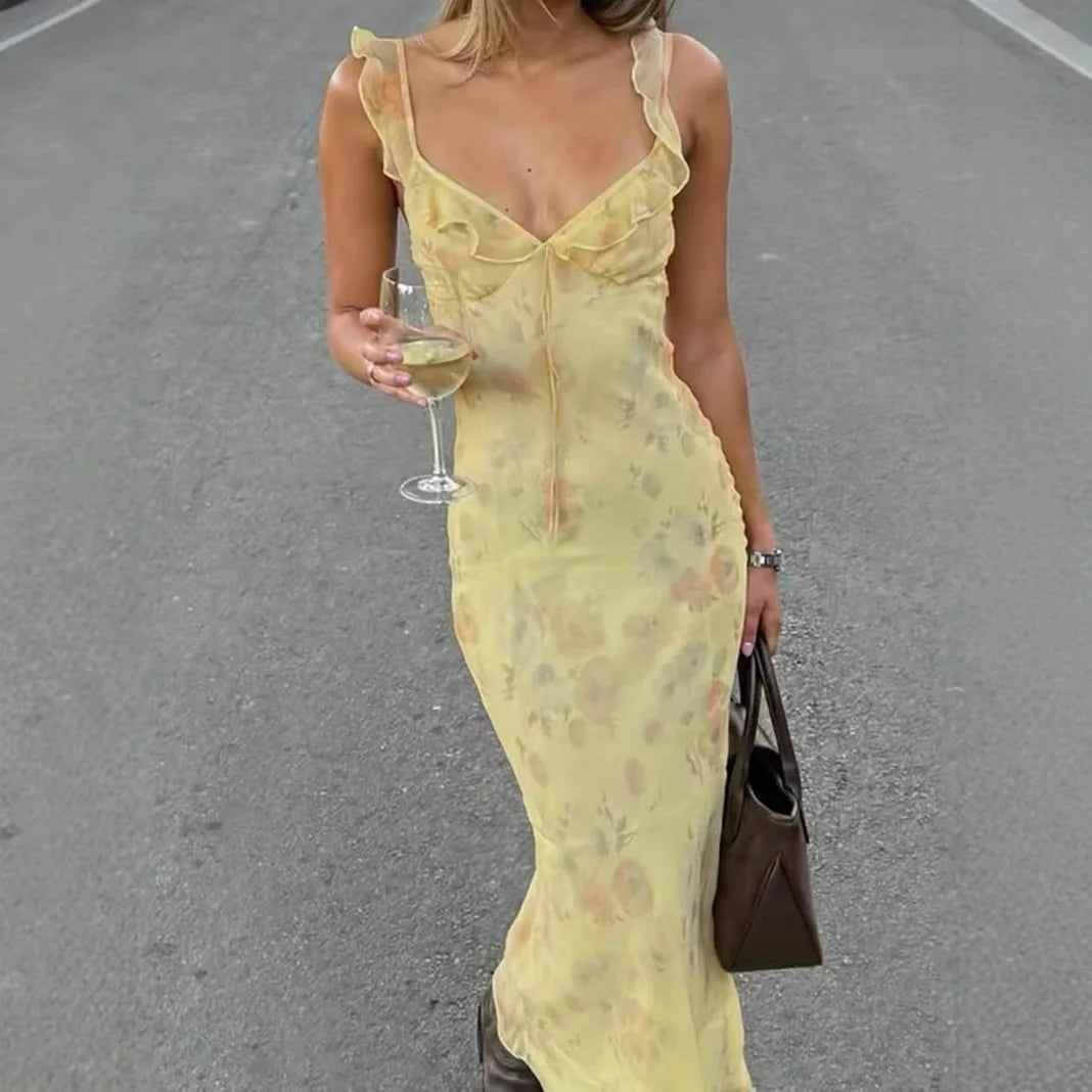 Elegant Summer Print Floral Dress Women V-neck Slim Ruffles Sleeveless Backless Long Dresses 2026 Beach Vacation Lady Vestidos