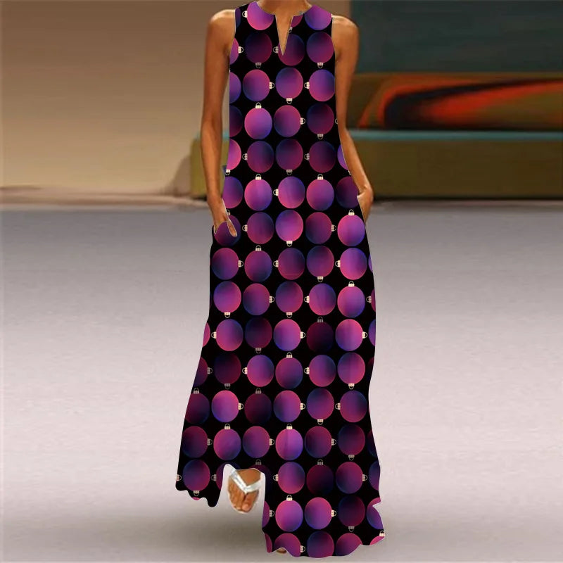 Summer Retro V-Neck Sleeveless Maxi Dress – Loose Artistic Print