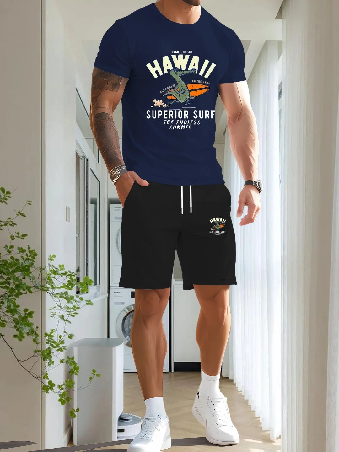 Men's printed two-piece fashionable casual round neck short sleeved T-shirt and drawstring shorts spring/summer sports suit men'