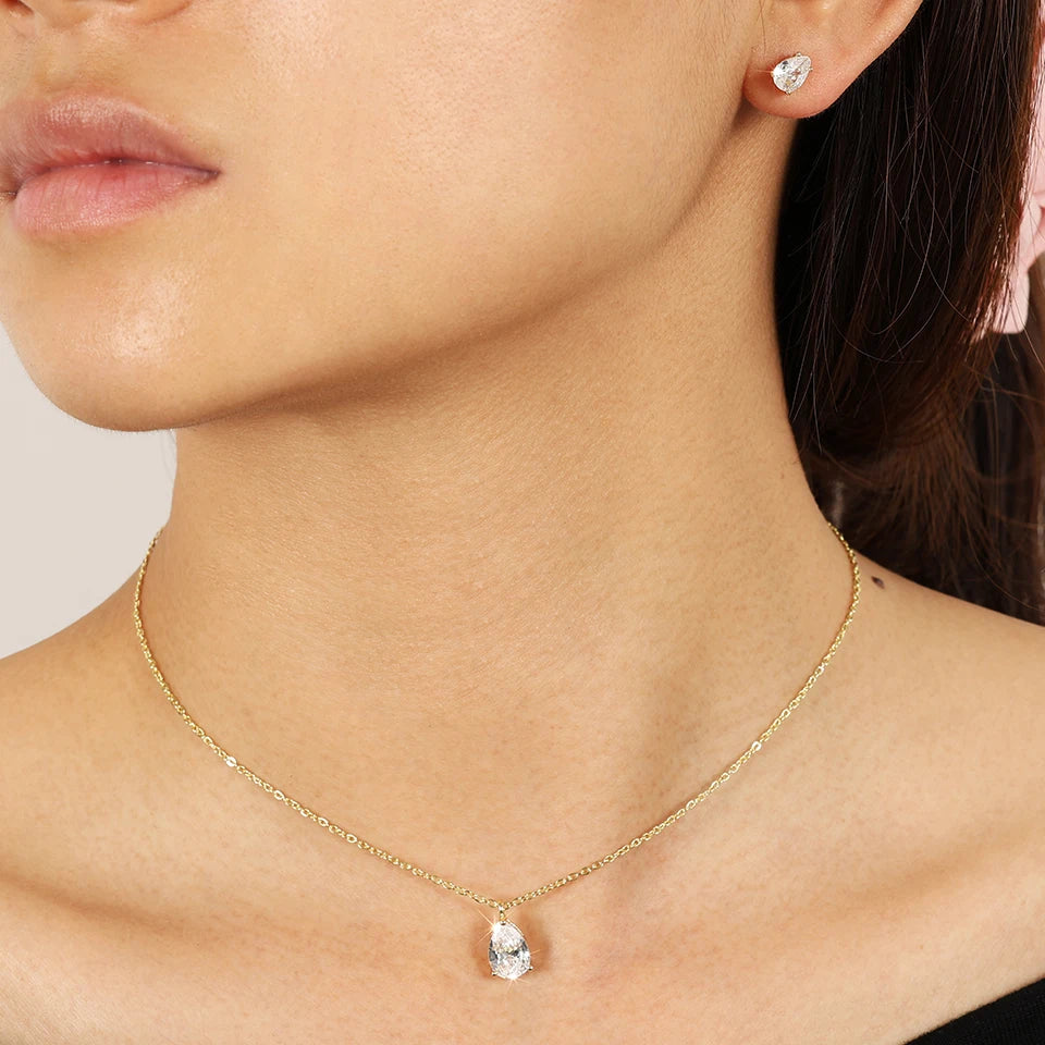 ZAKOL Exquisite Shiny Zircon Water Drop Round Earring Necklaces for Women Romantic Wedding Engagement Jewelry Set With Gift Box