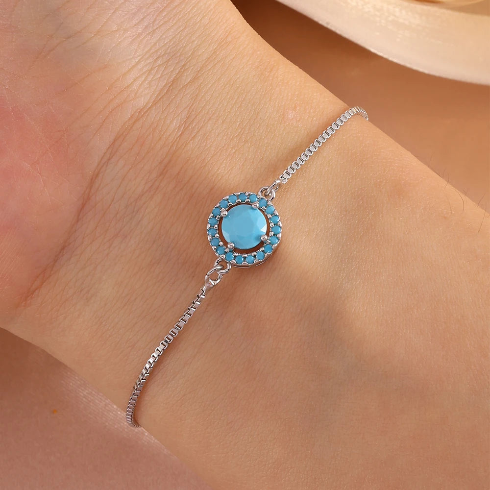 ZAKOL Simple Elegant Blue Turquoise Round CZ Adjustable Chain Bracelet Cute Daily Accessories for Women Girls