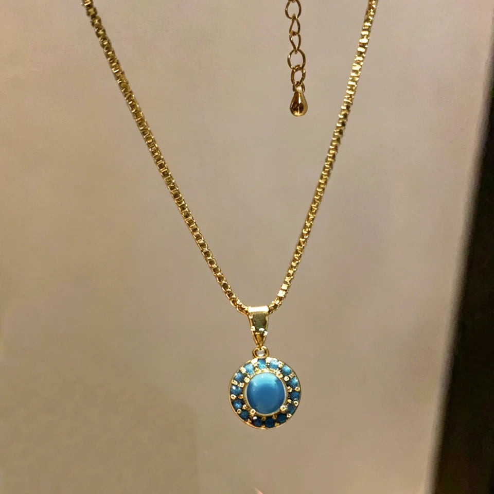 ZAKOL Creative Blue Turquoise Cubic Zirconia Round CZ Stud Earrings Necklace Set for Women Shiny Exquisite Jewelry Gifts
