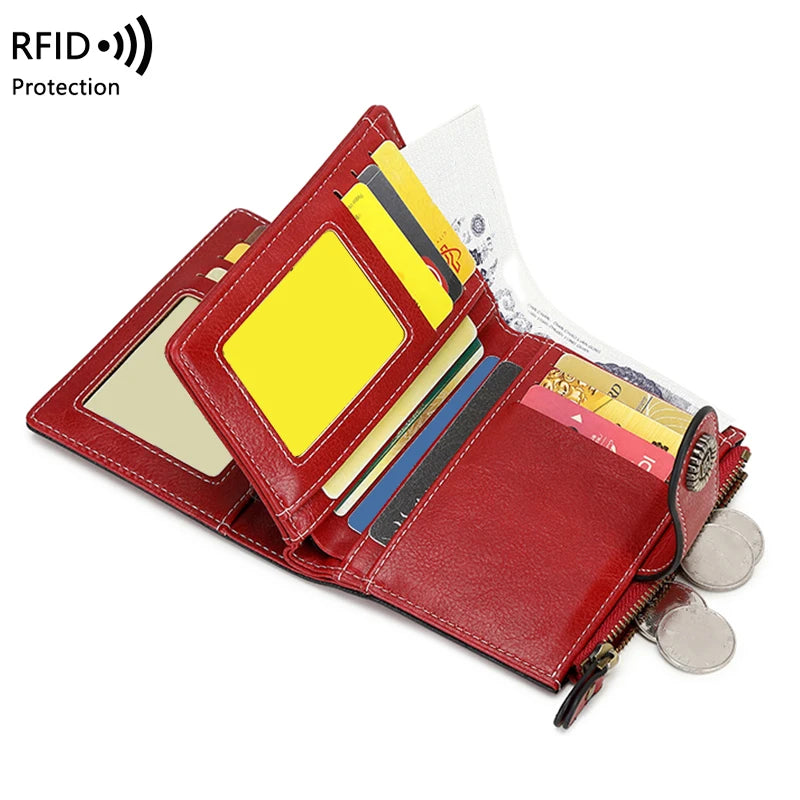 RFID Anti-Theft Retro Wallet for Women, Multi-Card Zipper, Zipper Buckle, Fashion Coin Wallet, Multi-functional Short Wallet