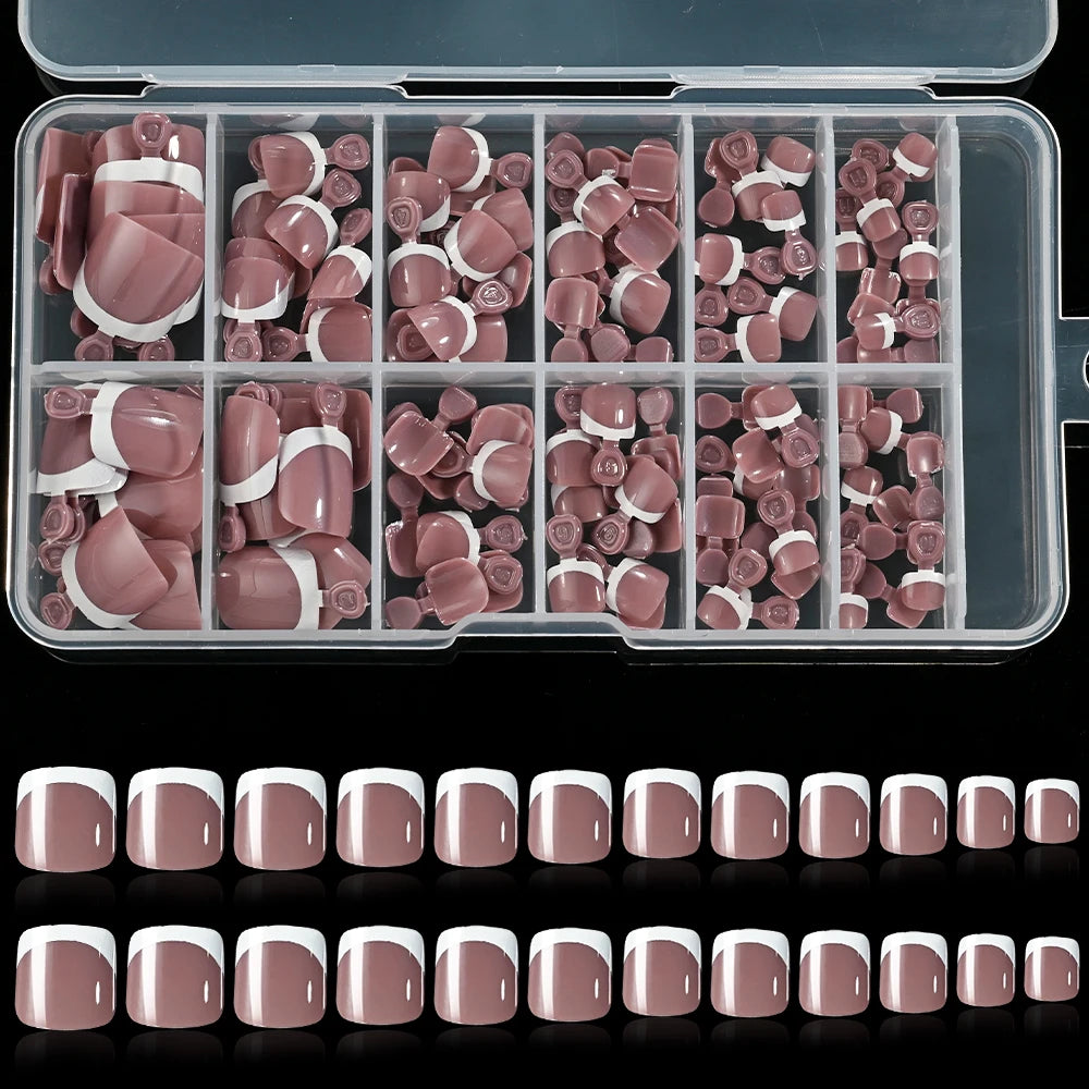 120/100Pcs French White Edge False Toe Nails Acrylic Short Square Full Cover Fake Toenails Summer Wearable Press on Toenails