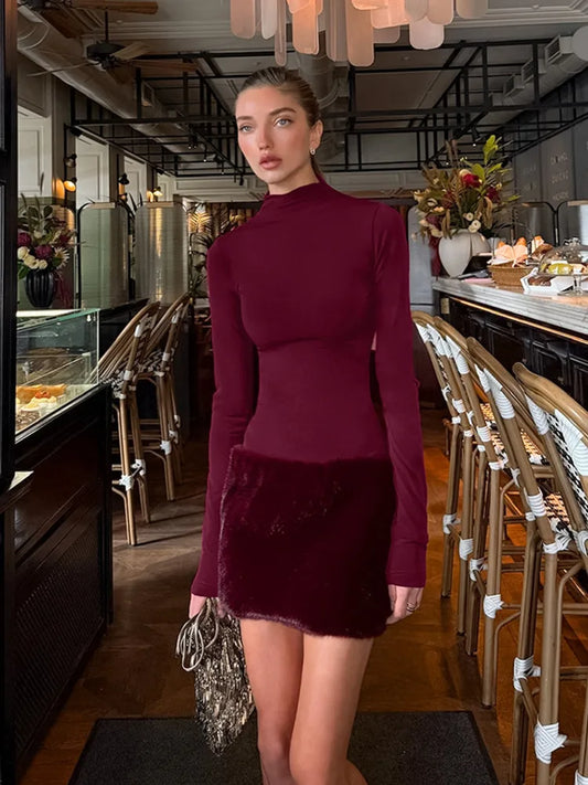 BKLD Autumn And Winter Wine Red Temperament Slim Fit Round Neck Long Sleeve Plush Patchwork Dress For Women Sexy Bodycon Dress