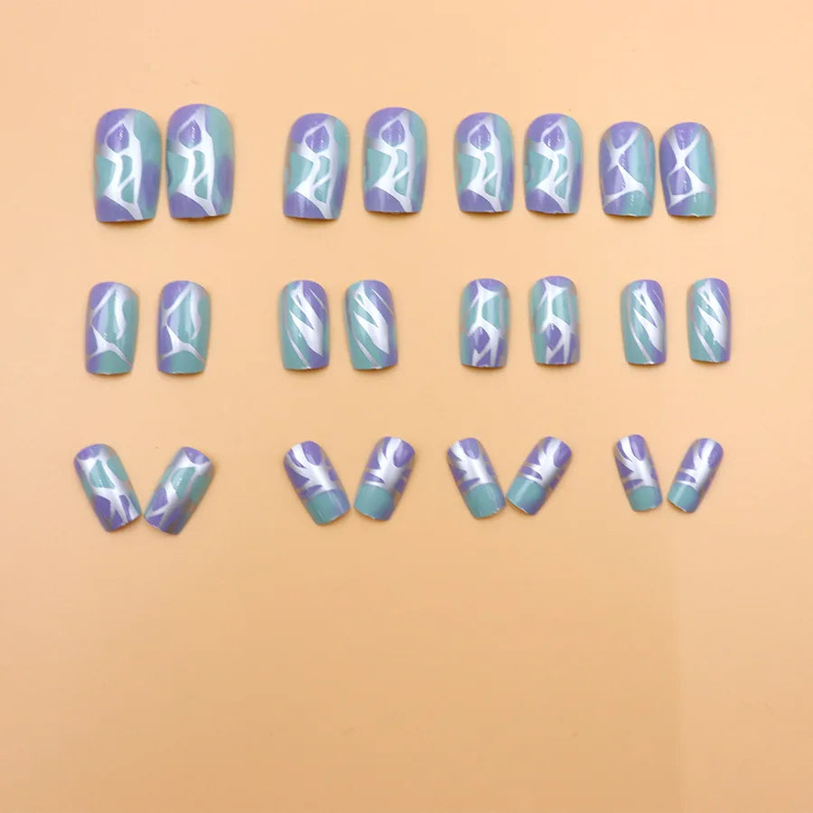 Short Medium fake nails glossy Y2K gradient green purple silver pink white golden geometric reusable ABS Artificial nails kit