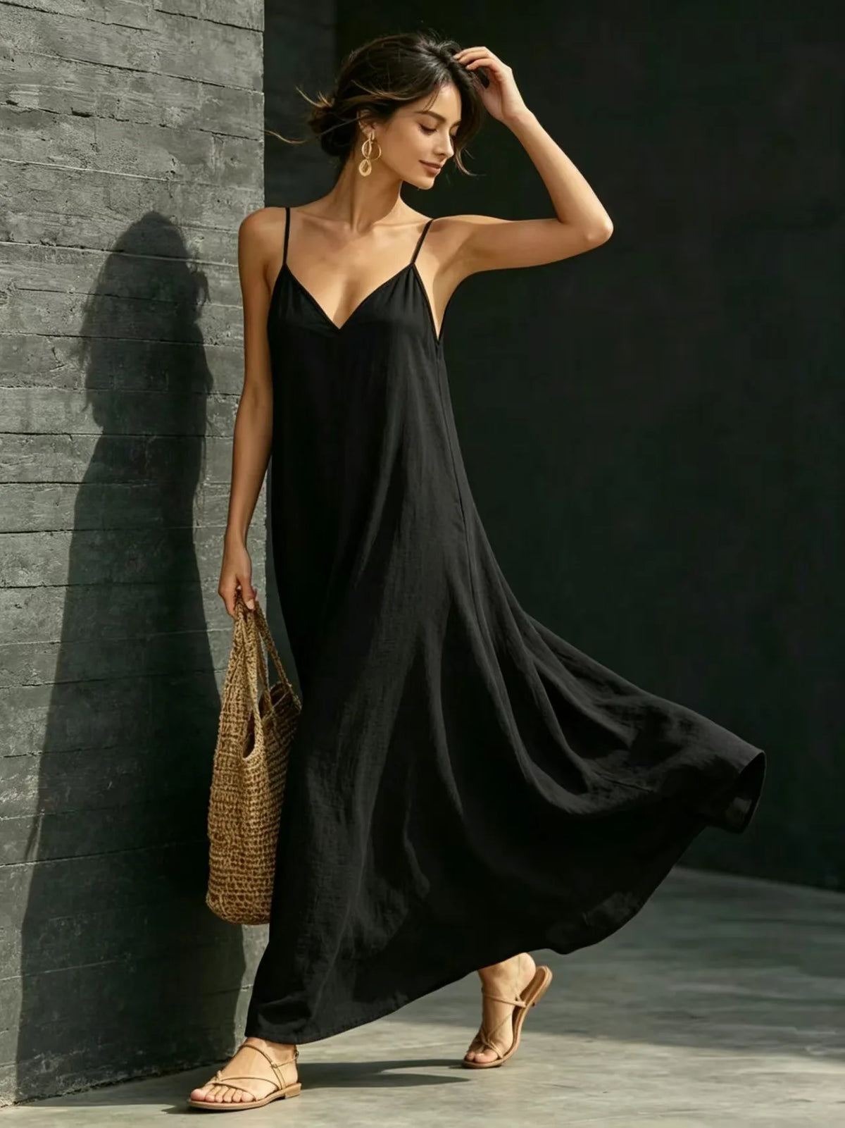 Women Linen Spaghetti Strap Maxi Dress V Neck Loose Swing Long Dress With Pockets Casual Summer Beach Vacation Sundress Ladies
