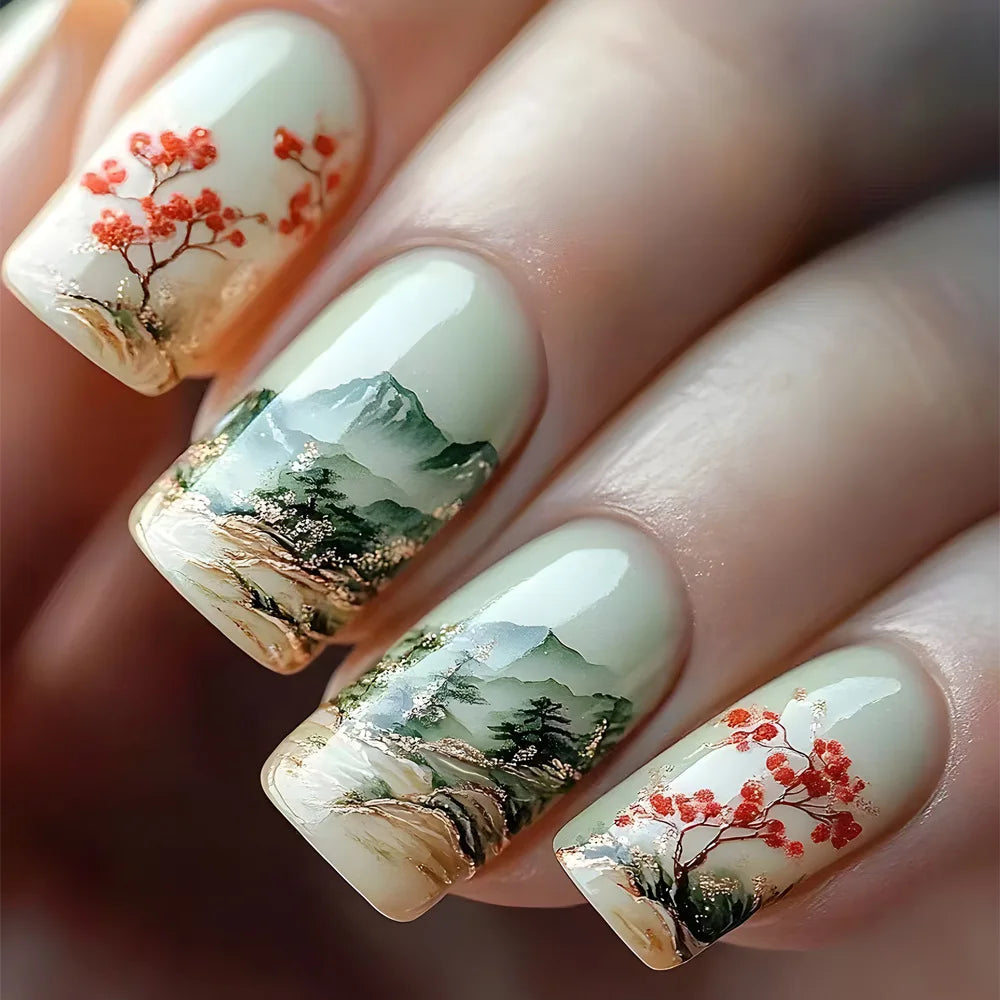 24pcs Short Square Press on Nails Jade Flower Sparkling Powder Designs Fake Nails with Glue Green Gradient Full Cover Nail Tips