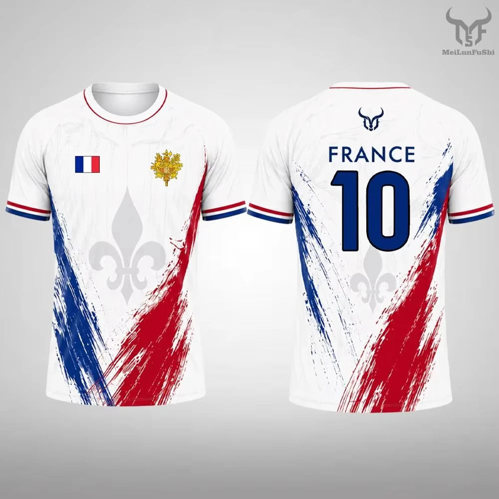 New France Flag Print Soccer Jersey Family Style for Adults Kids Outdoor Casual Breathable Short Sleeve Top for Sports Fitness