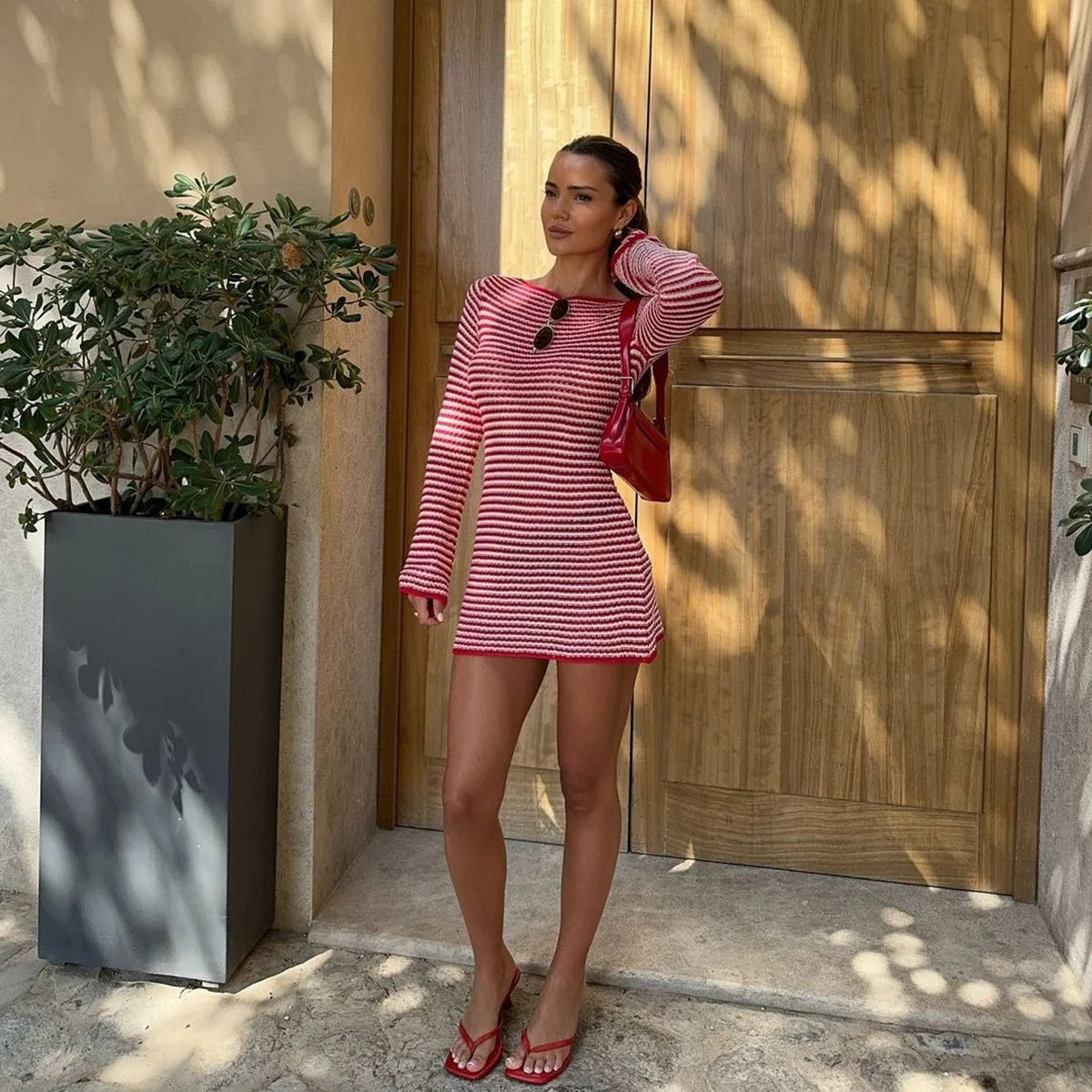 BKLD 2026 New Autumn Clothes Slim Fit Round Neck Long Sleeve Striped Dress For Women Sexy Club Outfits Red Party Dresses