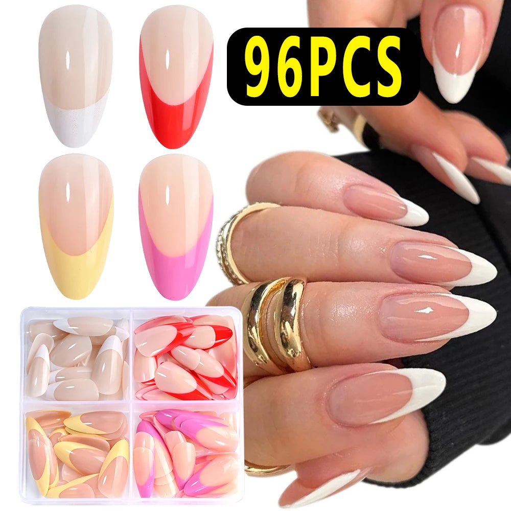 96Pcs French Almond Full Cover Fake Nail with Leopard Print Design 3D Bow Star Long Stiletto False Nails Women Press on Nails