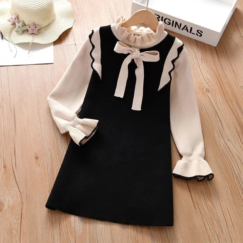 2026 Autumn winter Teenagers Girls Kids bowtie Knit Sweater Dresses Princess clothes new year christmas 4 5 6 7 8 9 10 11 year