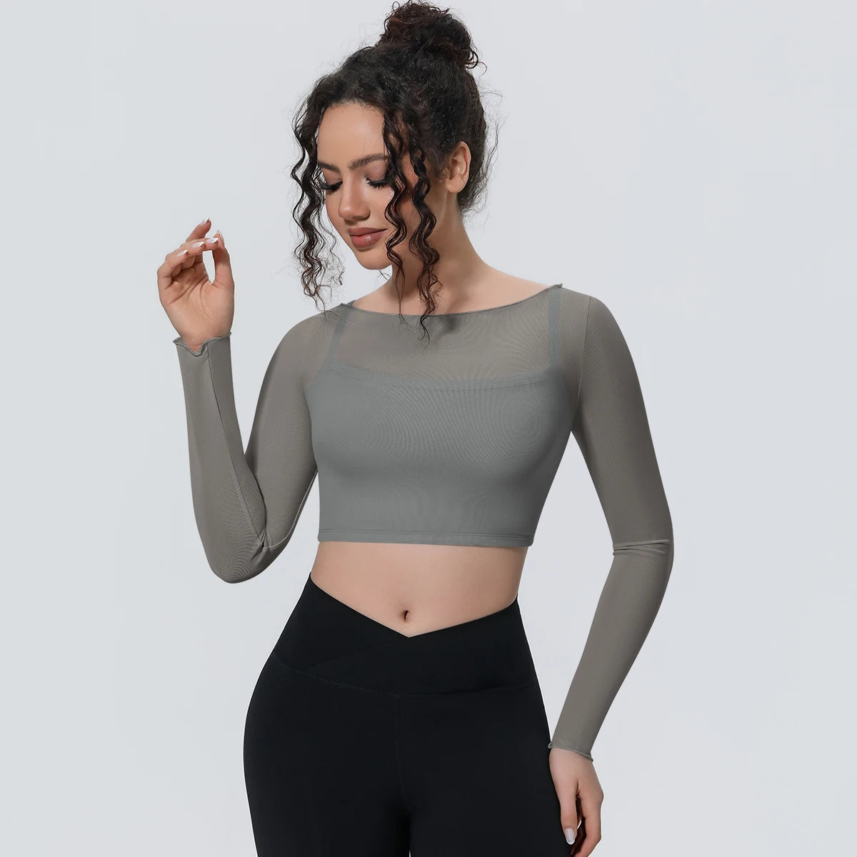 Woman Sports Yoga Long Sleeves Workout Top Solid Color False Two-piece Mesh Running Shirts with Chest Pad Summer Long Sleeves