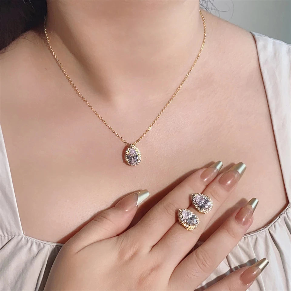 ZAKOL Classic Water Drop Zirconia Wedding Jewelry Set for Women Shiny AAA Cubic Zircon Earrings Necklace Jewelry Sets Gift