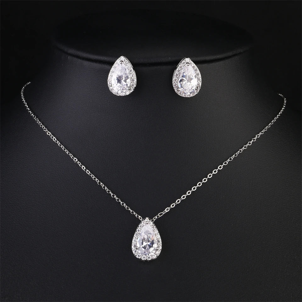 ZAKOL Classic Water Drop Zirconia Wedding Jewelry Set for Women Shiny AAA Cubic Zircon Earrings Necklace Jewelry Sets Gift