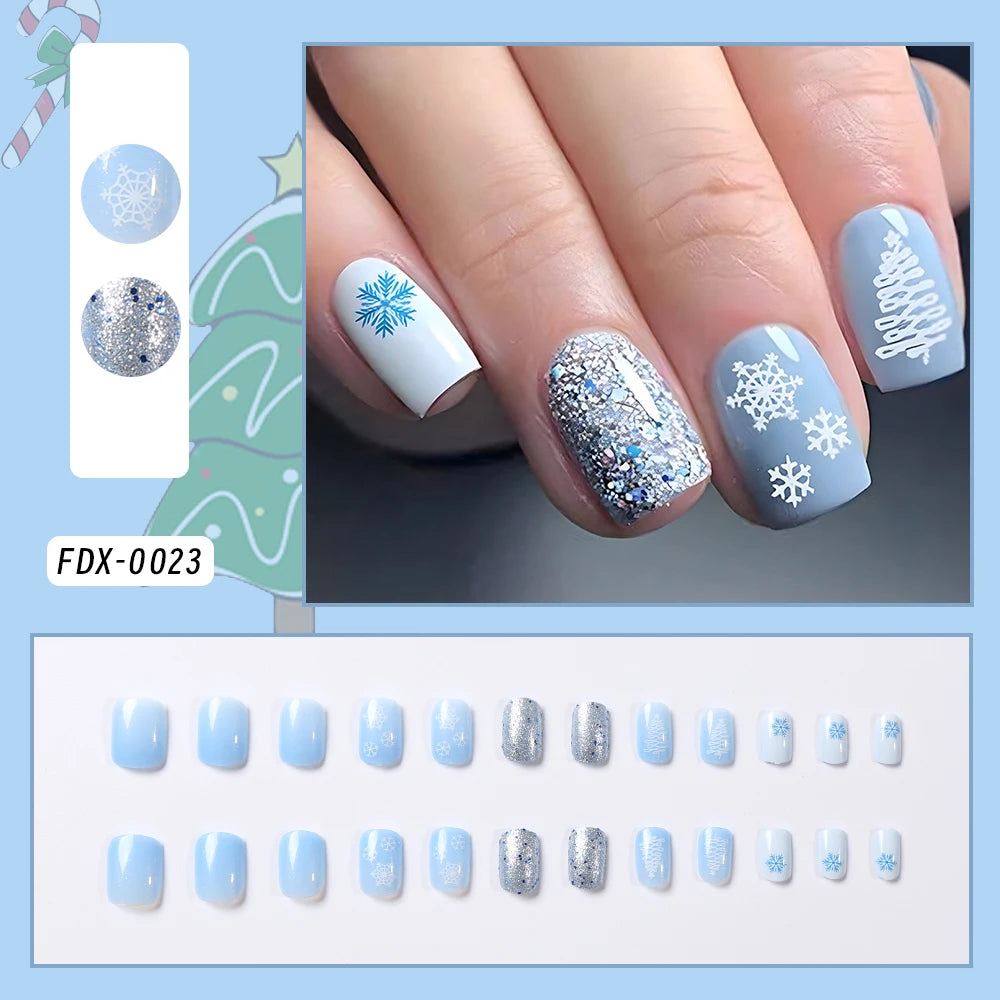 24Pcs Glitter powder French Christmas Fake Nails Almond Full Cover False Nails Snowflake with Bowknot Rhinestone Press On Nails