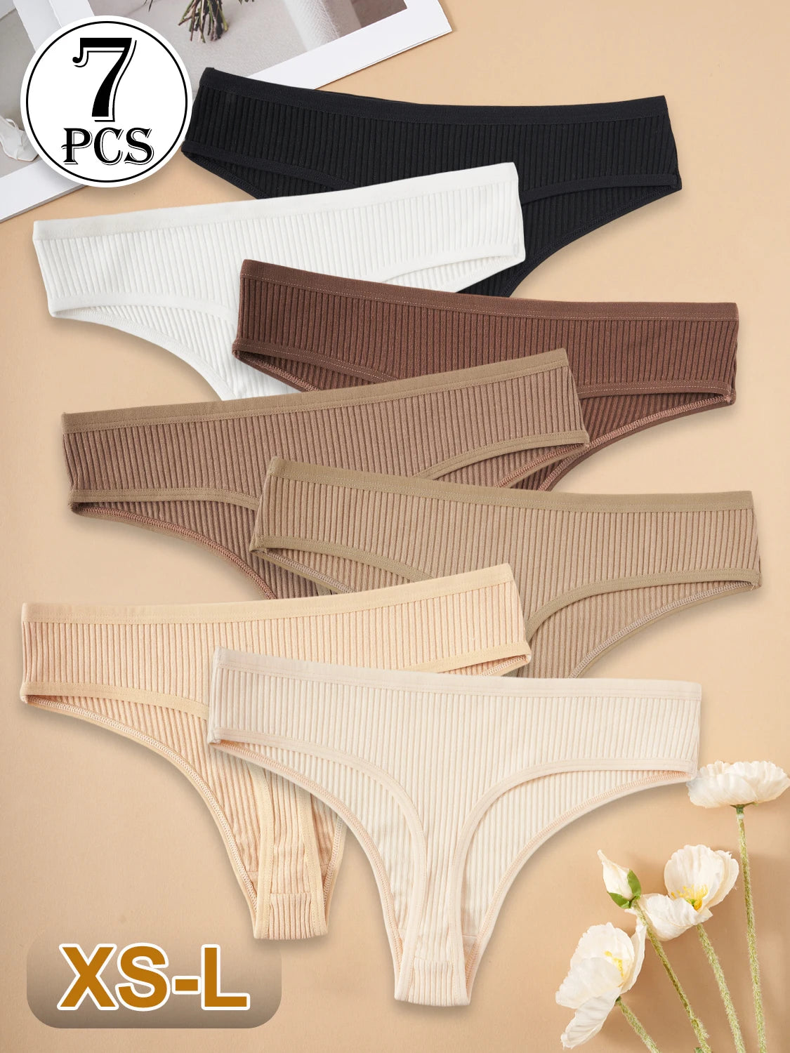 7PCS Women Cotton G-Strings Comfortable Breathable Sexy Low-Rise Panties Girls Solid Color Ribbed Thongs Casual Bikini Lingerie