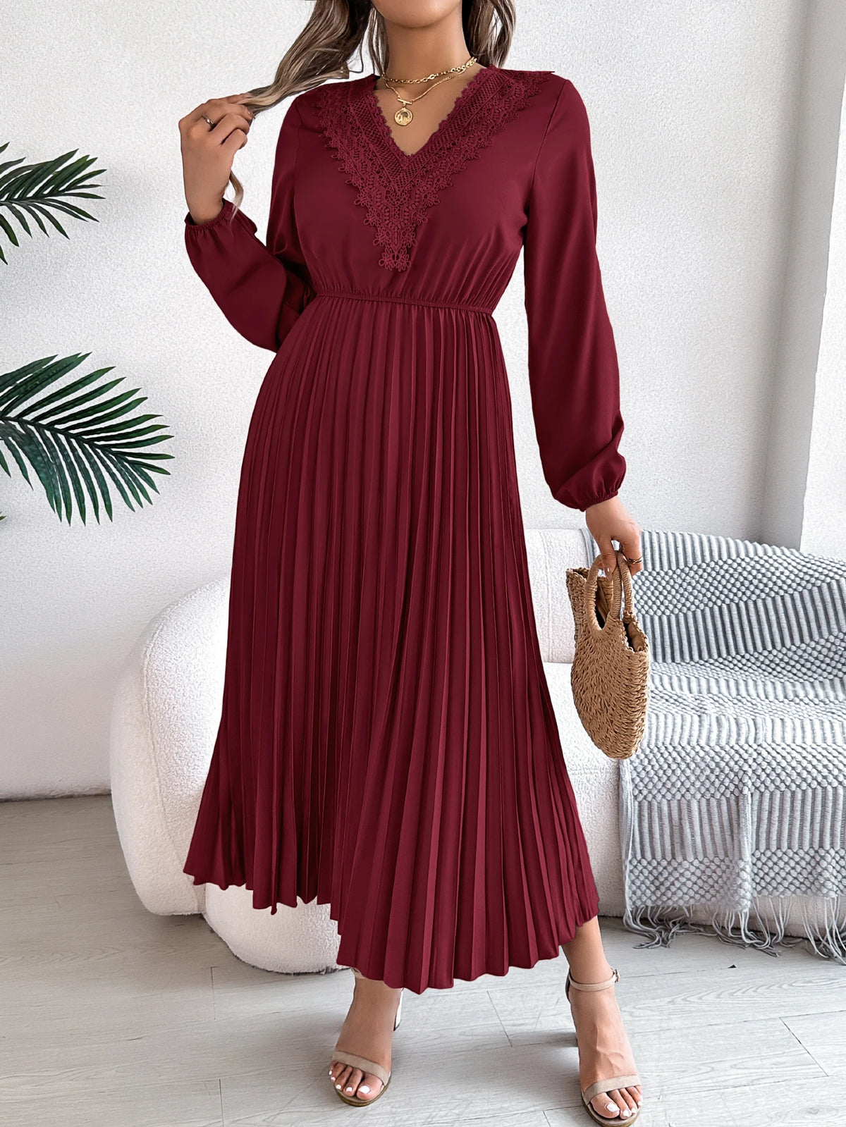 2026 Fashion Lace V Neck Lantern Long Sleeve Maxi Dress for Women Autumn Winter Casual Solid Color Pleated Dresses Khaki Red