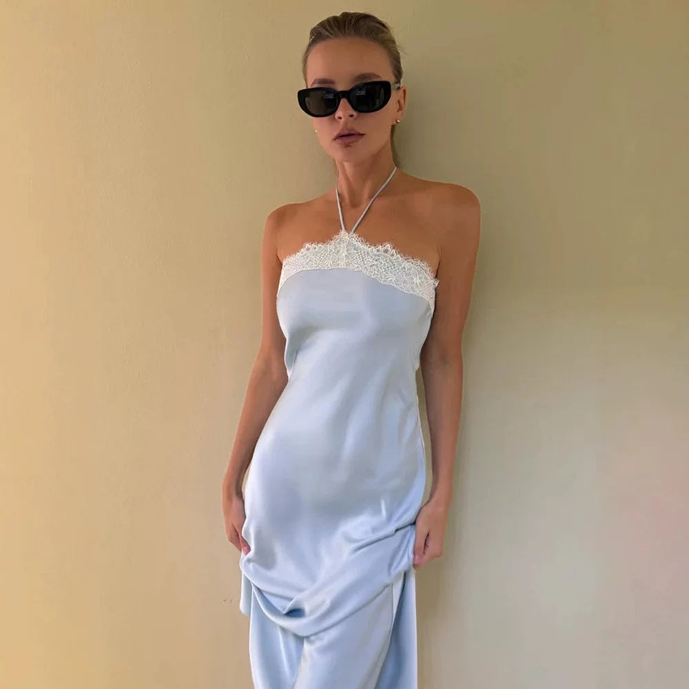 Summer Vacation Sexy Satin Halter Neck Slim Maxi Dress Casual Lace Up High Waist Lace Patchwork Dresses Female Chic Streetwear