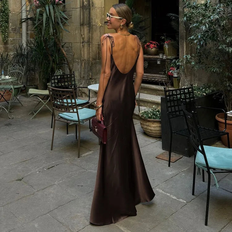 Sexy Backless Strap Sleeveless Satin Female Dress Chic Women High Waist Bodycon Maxi Dress 2026 New Summer Casual Dresses