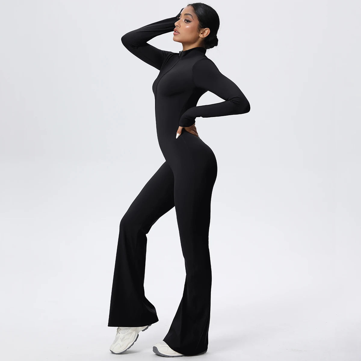 Woman's Fitness Yoga Bodysuit Solid Color Yoga Zipper Long Sleeves Trousers Gym High Strength Exercise Sports Bodysuit Leggings