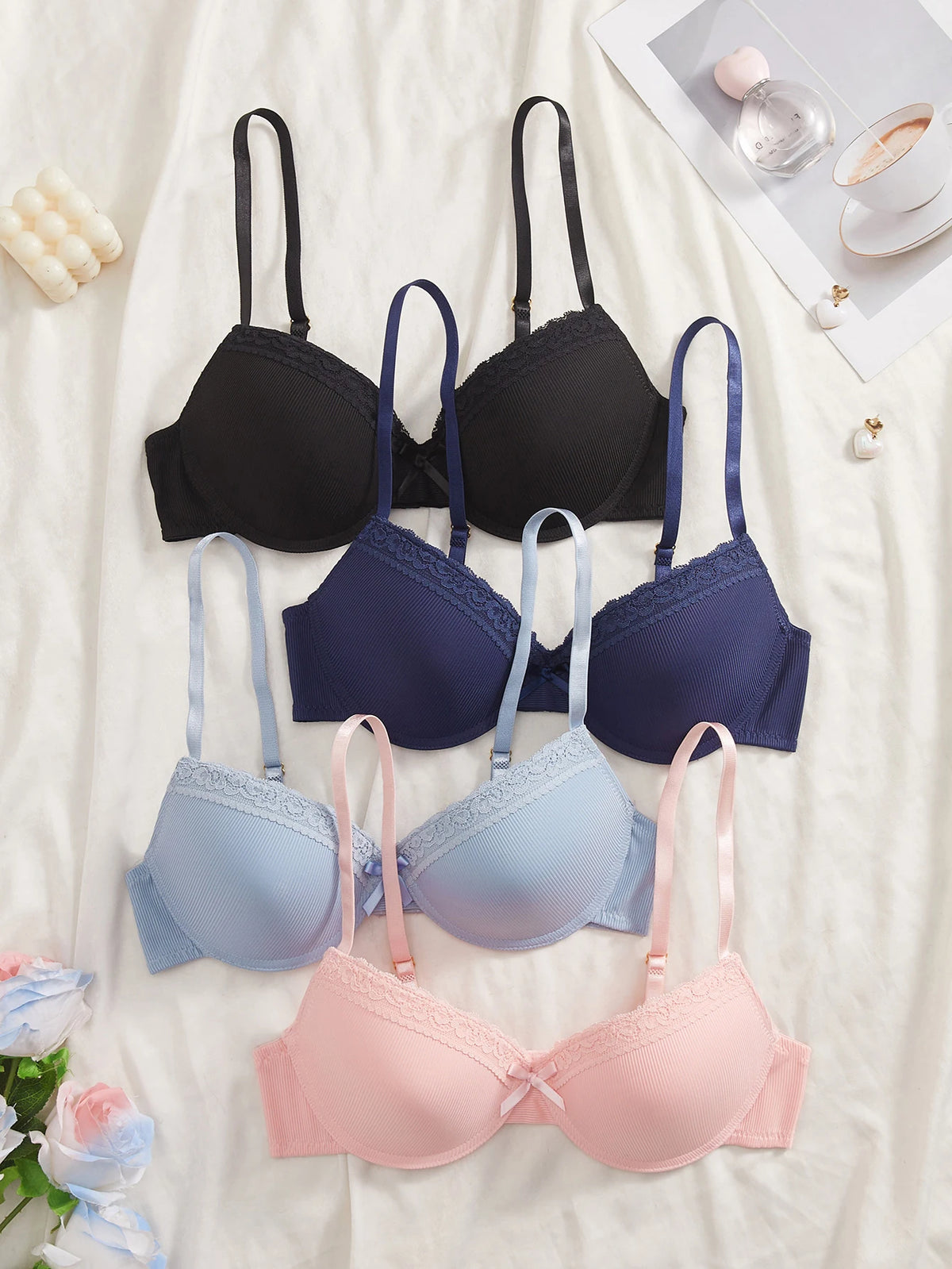 4Pcs/Set Solid Ribbed Women's Bras Lace Spliced Bow Push Up Bra Adjustable Daily Underwire Comfortable Bra