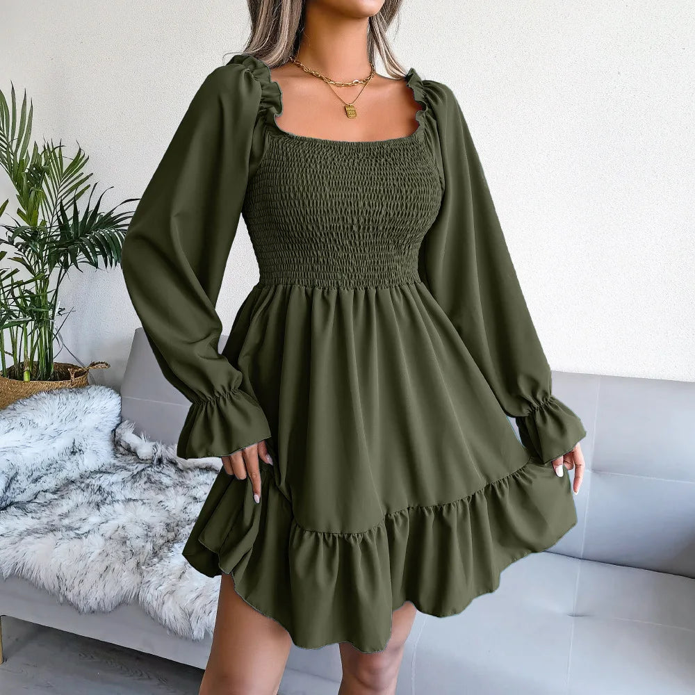 Spring Summer Casual Solid Color Square Neck Flared Long Sleeve Ruffled Dress Red Orange Green Black 2026 Fashion Woman Clothing