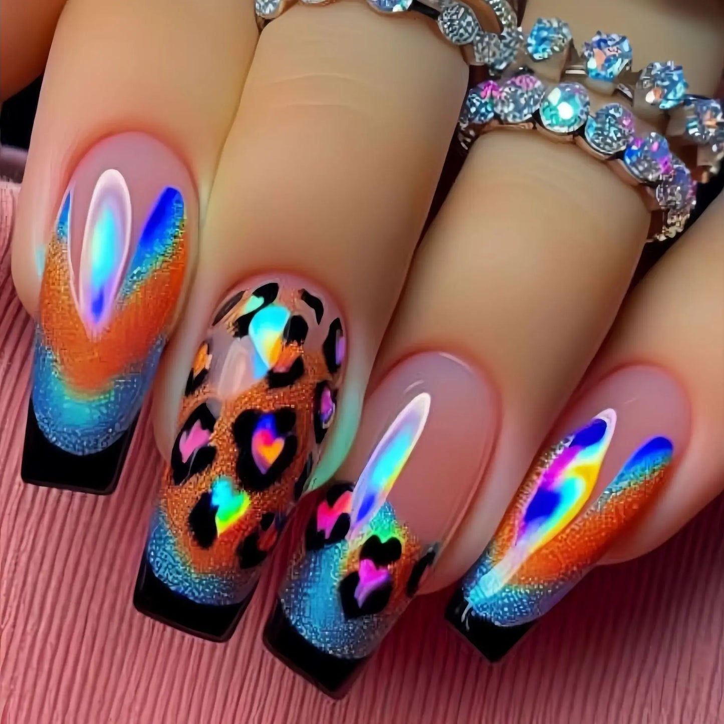 Medium fake nails for women girls gradient rose pink blue leopard print glossy Ballet shape full cover press on false nail art
