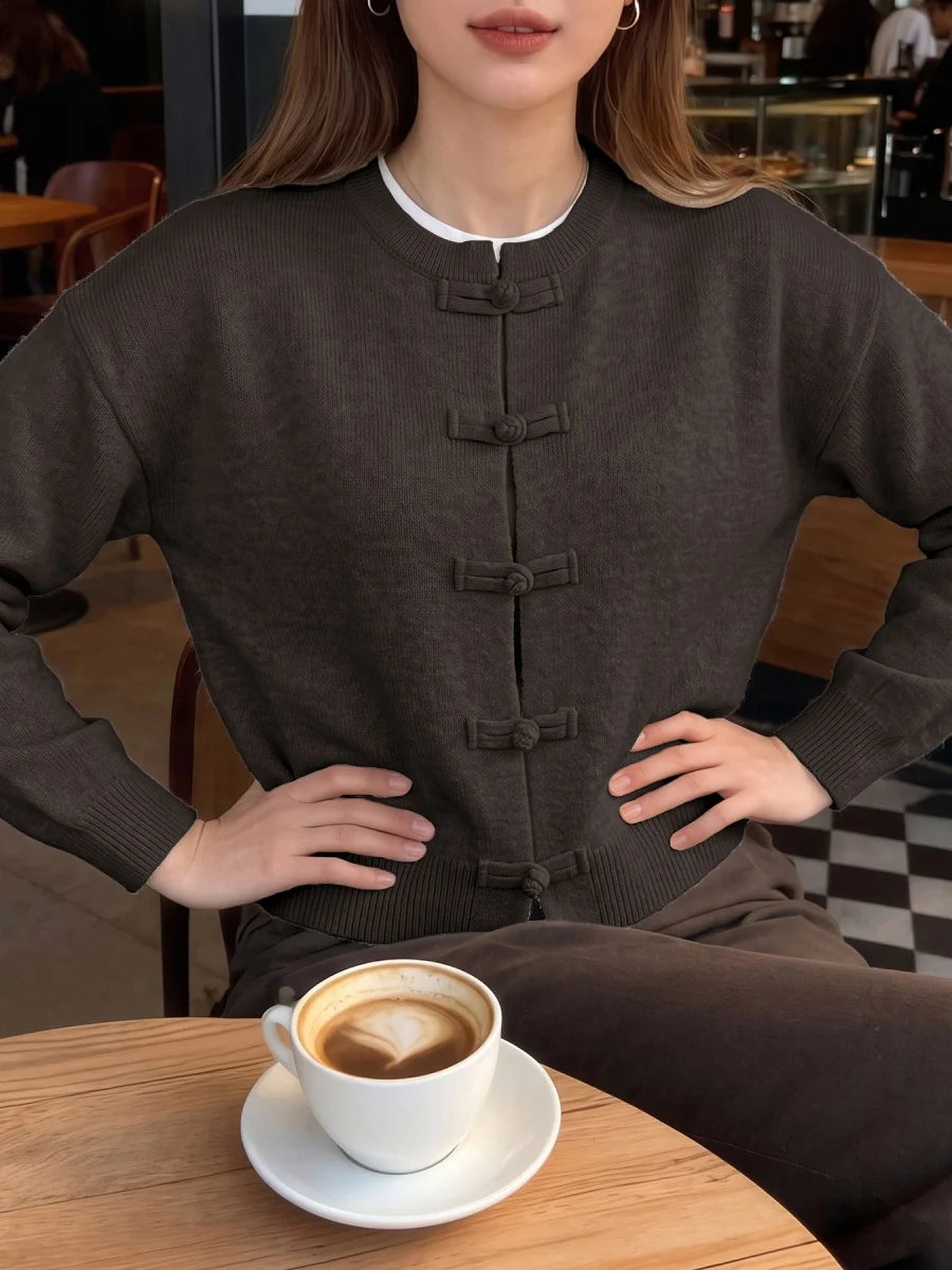 Women Vintage Knitted Sweater Causal Long Sleeve O-Neck Soft Warm Chinese Style Buckle Cardigan Female Autumn Winter Outerwear