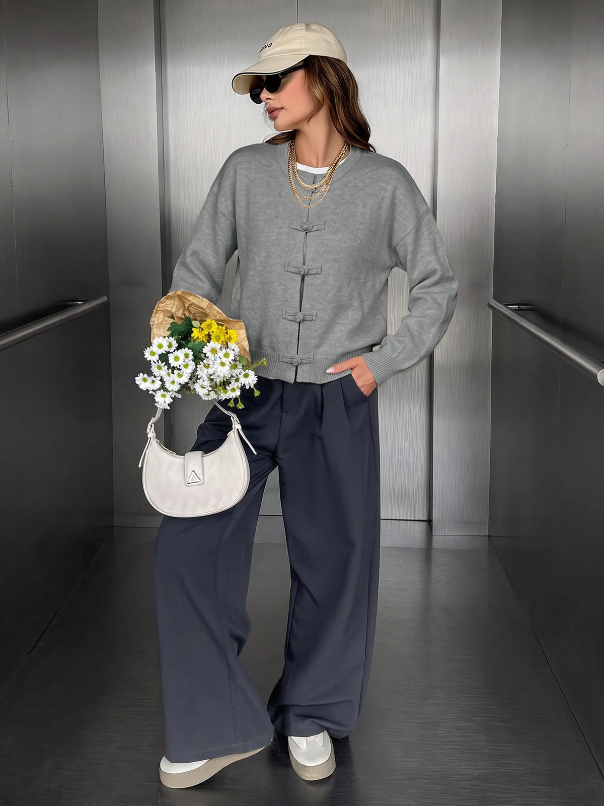 Women Vintage Knitted Sweater Causal Long Sleeve O-Neck Soft Warm Chinese Style Buckle Cardigan Female Autumn Winter Outerwear