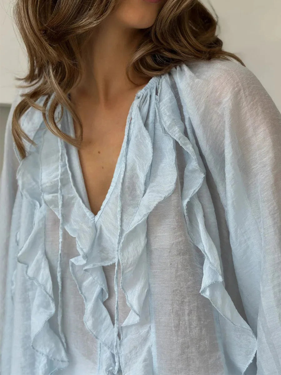 Elegant Ruffles V-Neck See-Through Patchwork Loose Blouses For Women Casual Solid Long Sleeve Female Summer Shirt Blouse Top
