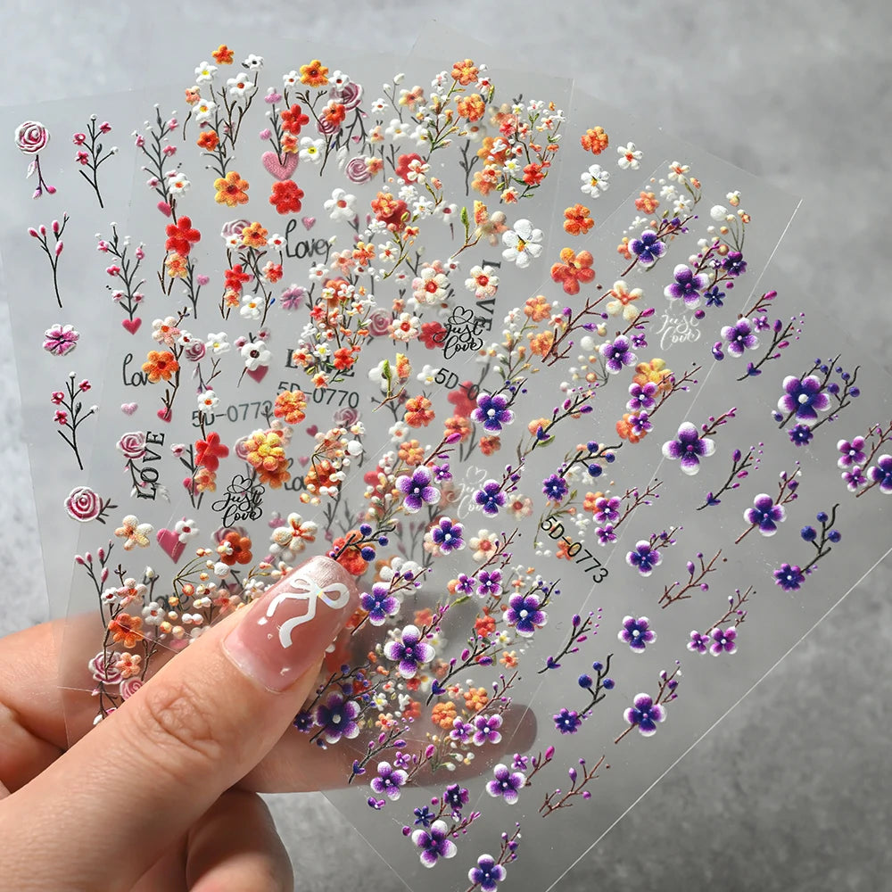 1Pc 5D Embossed Lavender Flower Nail Sticker Spring Floral Leaves Self-Adhesive Sliders Rose Heart Decals Manicure Decoration