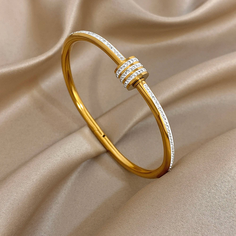 FLASHBUY Trendy Chic Gold Color Simple 316L Stainless Steel Bangles Bracelets for Women Charm Zircon Waterproof Jewelry Gift