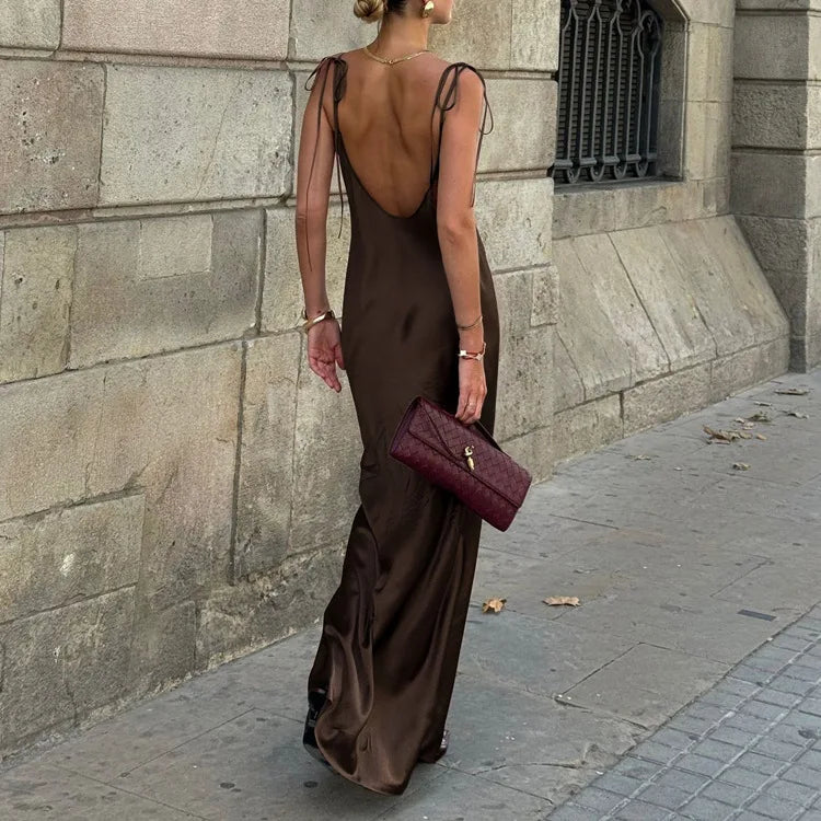Sexy Backless Strap Sleeveless Satin Female Dress Chic Women High Waist Bodycon Maxi Dress 2026 New Summer Casual Dresses