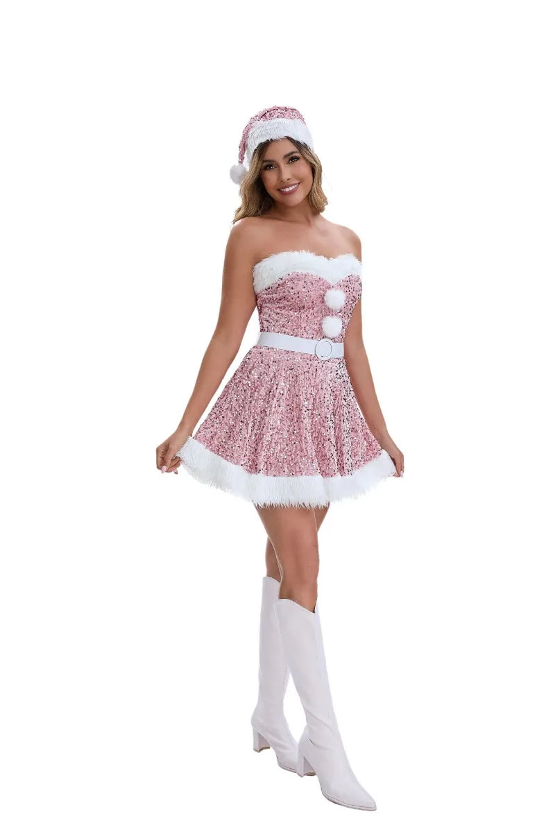 Christmas Atmosphere New Year's Robe Women's Christmas Dress Pink Red Sequined Dress Plush