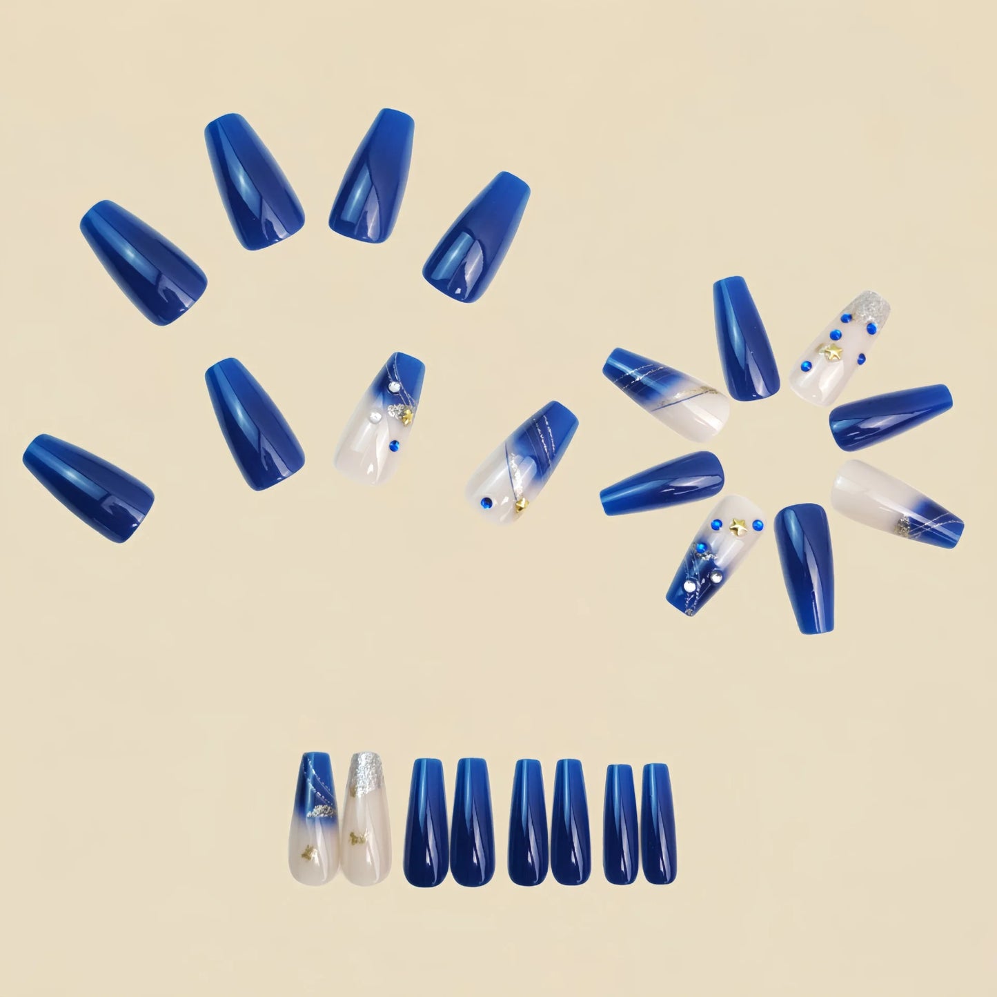 Medium long fake nails gradient purple blue colors with rhinestones design full cover reusable ABS press on Artificial nail