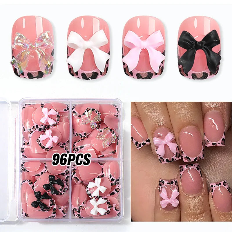 96Pcs/box Pink Leopard Print Short Square False Nails 3D Bowknot Acrylic Full Cover French Fake Nails Wearable Press On Nails