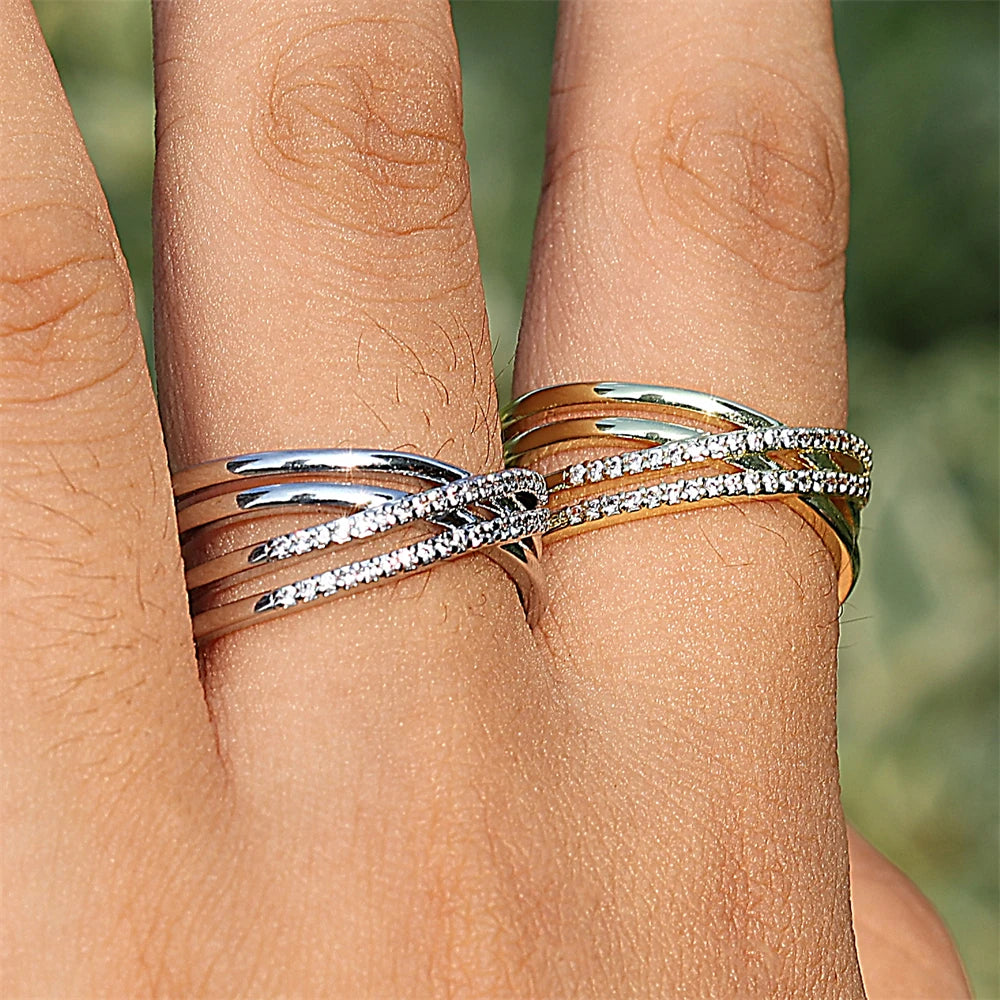 ZAKOL Fashion Double Layers Zircon Rings for Women Gold Color Plated Open Stainless Steel Ring Aesthetic Party Wedding Jewelry