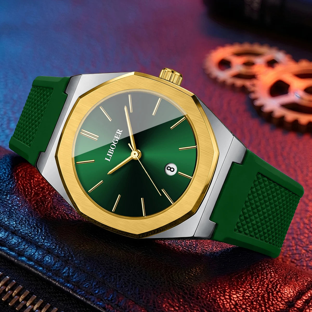Fashion Octagonal Dial Men Calendar Quartz Watch Casual Silicone Strap Sports Wristwatches Relogio Masculino（Without Box）
