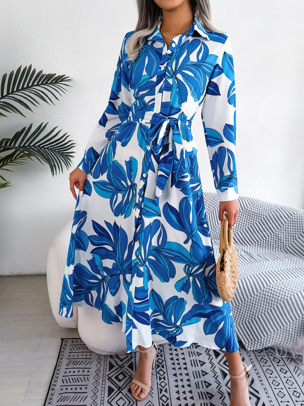Women Casual Floral Print Long Sleeve Maxi Shirt Dress for Spring Autumn 2026 Elegant Contrast Color Lapel Buttons Long Dresses