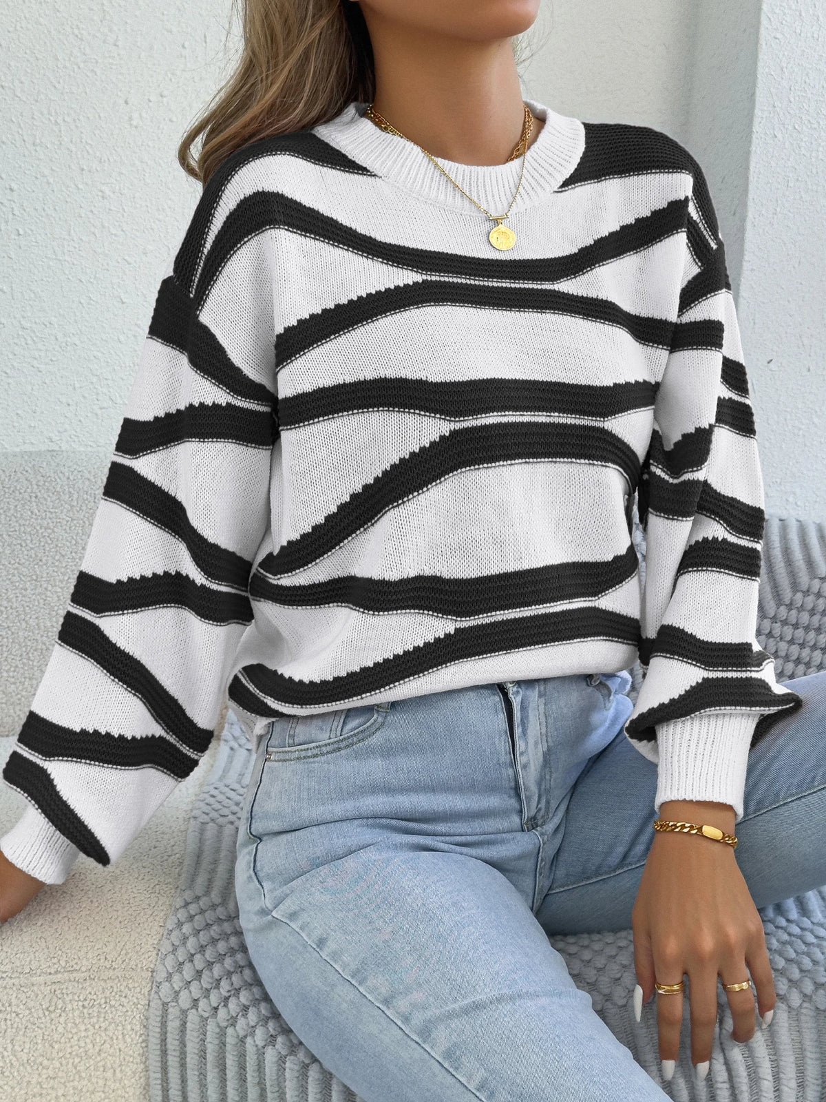 2026 Fashion Contrast Color Striped Sweaters for Autumn Winter Casual Round Neck Lantern Long Sleeve Knitted Tops Women Clothes