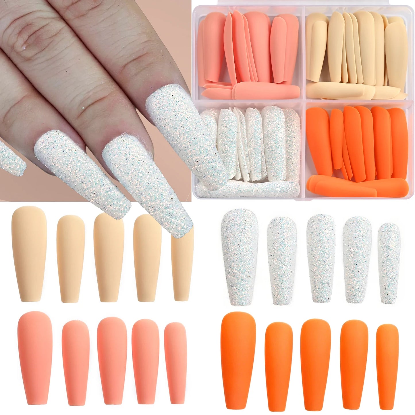 96Pcs Long Coffin Ballet Full Cover Fake Nails Square False Nails Glitter Artificial Fingernails Women Wearable Press on Nails