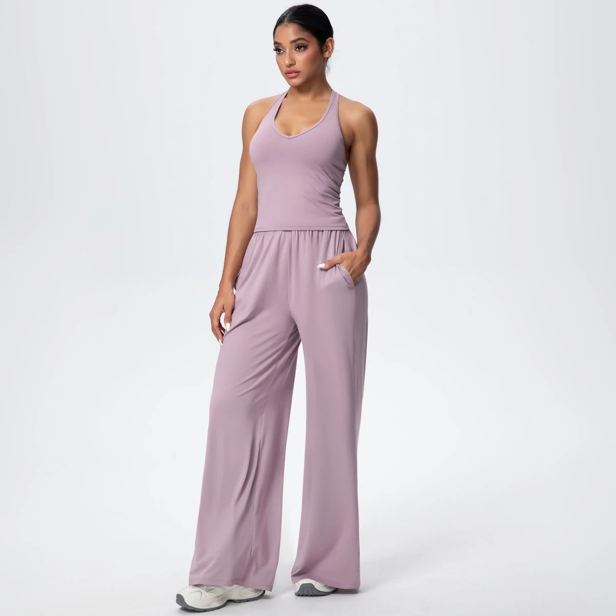Breathable Loose Wide Leg Pants and Yoga Vest Set Solid Color High Stretch Pockets Pants Beautiful Back T-shaped Vest Yoga Suit