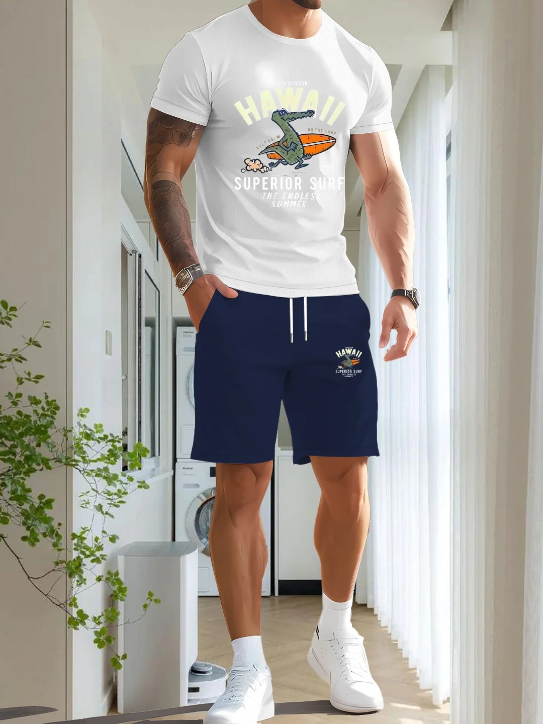 Men's printed two-piece fashionable casual round neck short sleeved T-shirt and drawstring shorts spring/summer sports suit men'