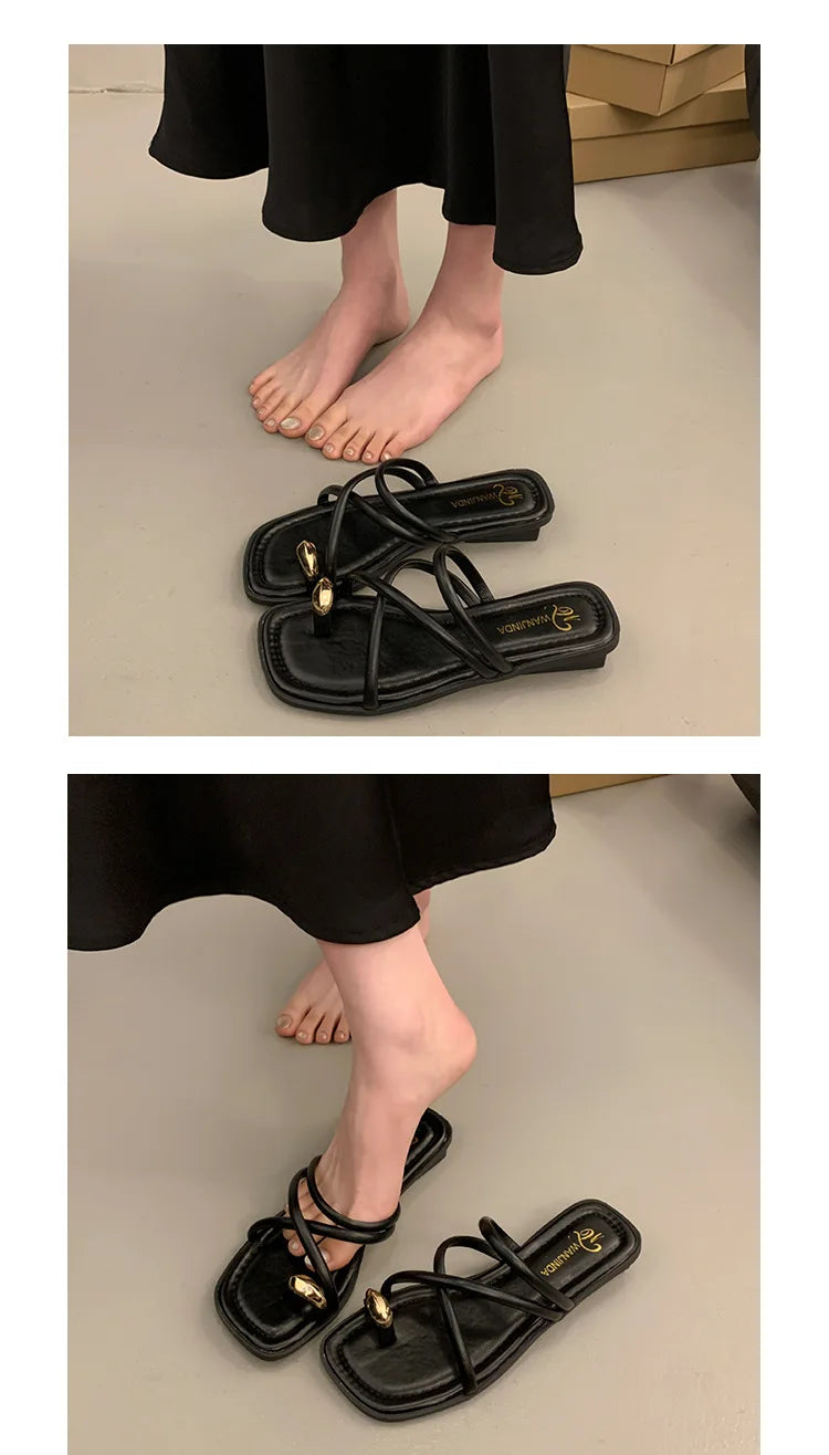 Women Summer Slippers Ladies Sandals Metal Decor Thong Flip Flop Low Heel Shoes Woman Outdoor Retro Brown Sandals Female